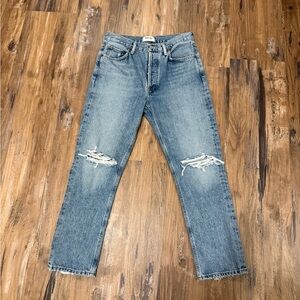 Agolde Classic Blue Straight Jeans with Distressed Knees